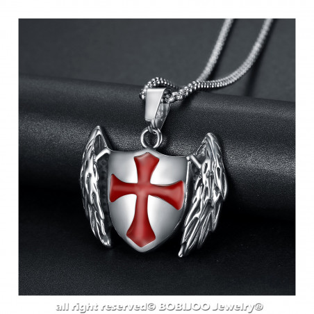 PE0211 BOBIJOO Jewelry Pendant Templar Knight Shield Winged Cross Red