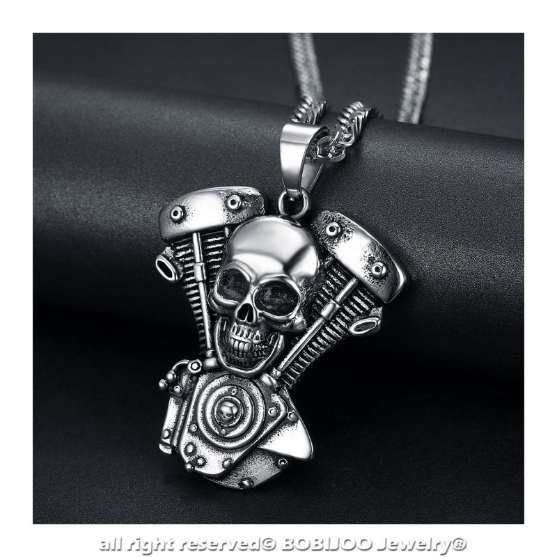 Collana Uomo Ciondolo Teschio - Acciaio Inox, Argento, Catena 55cm, Regalo Unisex - Foto 8