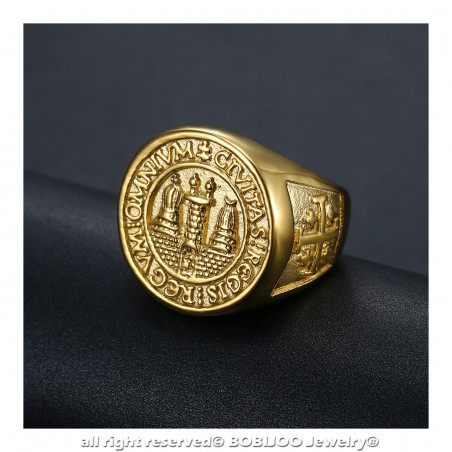 Bague Chevalière Homme Sceau Jérusalem Acier Or PVD bobijoo