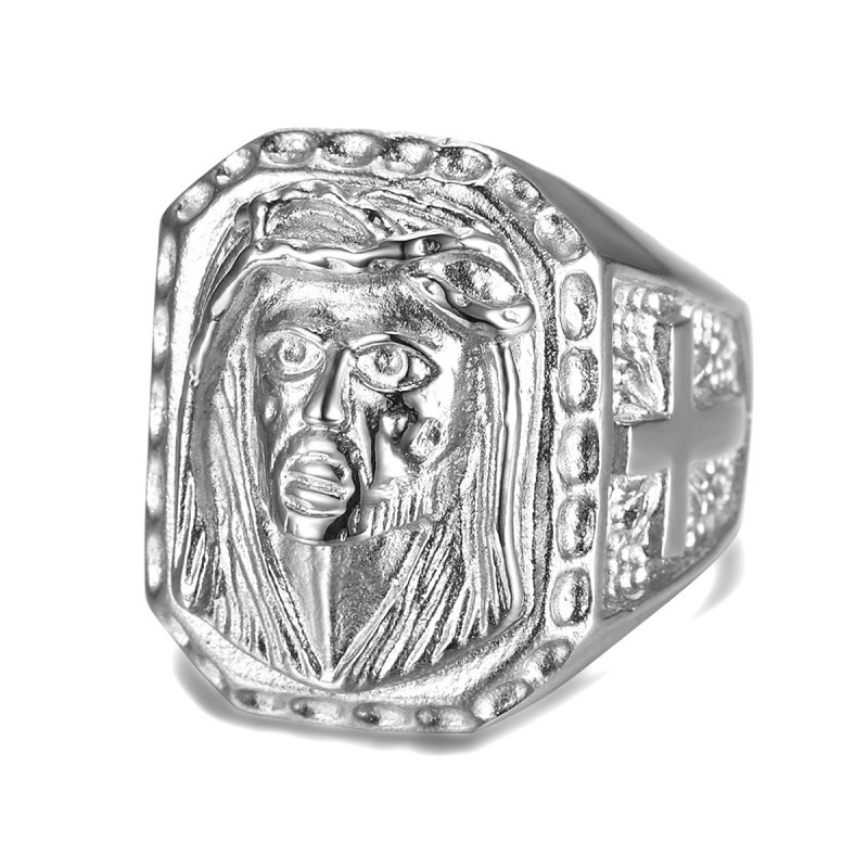 BA0342 BOBIJOO Jewelry Big Signet Ring Head Jesus Steel 316L Cross