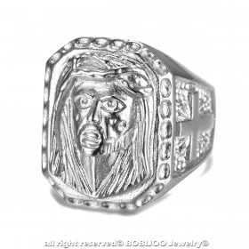 BA0342 BOBIJOO Jewelry Grande Anello Testa di Gesù in Acciaio 316L Croce