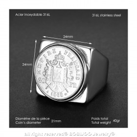 BA0344 BOBIJOO Jewelry Signet Ring Stainless Steel French Empire 20 Frs Square