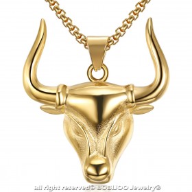 PE0171 BOBIJOO Jewelry Ciondolo Testa di un Toro Acciaio Oro Camargue + String