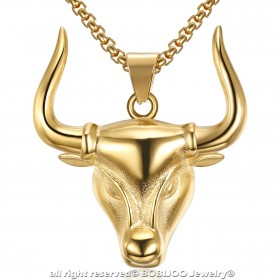 PE0171 BOBIJOO Jewelry Colgante Cabeza de un Toro de Acero de Oro Camargue + Cadena