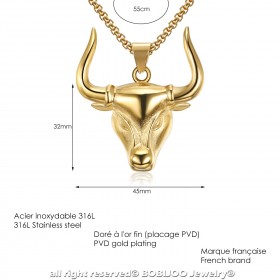 PE0171 BOBIJOO Jewelry Ciondolo Testa di un Toro Acciaio Oro Camargue + String