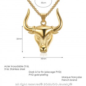 PE0171 BOBIJOO Jewelry Colgante Cabeza de un Toro de Acero de Oro Camargue + Cadena