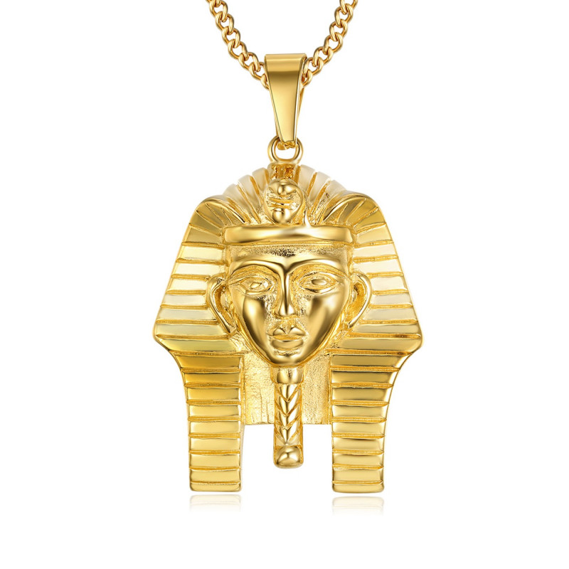 PE0138 BOBIJOO Jewelry Pendant Head of a Pharaoh Ancient Egypt-Steel Gold + Chain