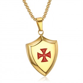 PE0222 LE BAGACIER Pendant Templar Coat Of Arms Shield Steel Gold + Chain