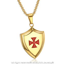 Pendentif Templier Blason Bouclier Acier Or + Chaîne bobijoo