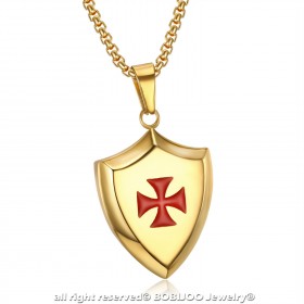 PE0222 LE BAGACIER Pendant Templar Coat Of Arms Shield Steel Gold + Chain