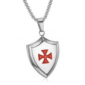 PE0223 LE BAGACIER Anhänger Templer Wappen Schild, Stahl Silber + Kette