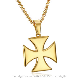 Pendentif Templier Croix Pattée Solaire Acier Or + Chaîne bobijoo