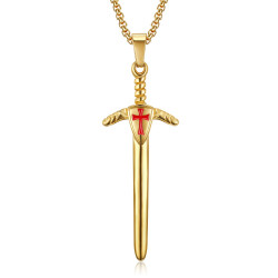 PE0228 BOBIJOO Jewelry Pendant Templar Sword Red Cross Steel Gold + Chain