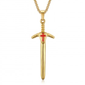 PE0228 BOBIJOO Jewelry Pendant Templar Sword Red Cross Steel Gold + Chain