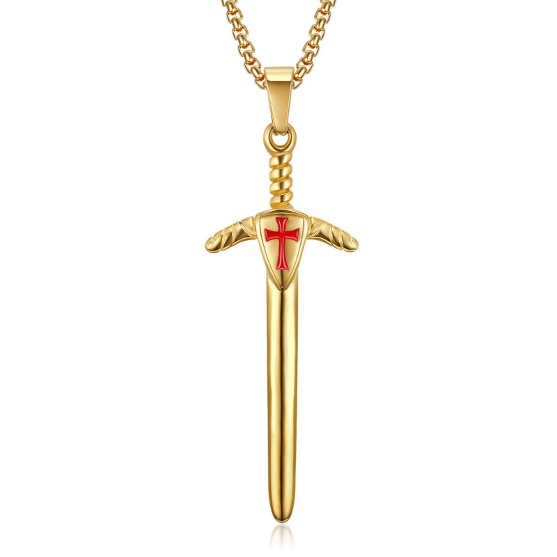 PE0228 BOBIJOO Jewelry Pendant Templar Sword Red Cross Steel Gold + Chain