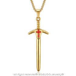 Pendentif Templier Epée Croix Rouge Acier Or + Chaîne bobijoo