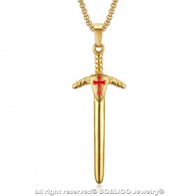 PE0228 BOBIJOO Jewelry Pendant Templar Sword Red Cross Steel Gold + Chain