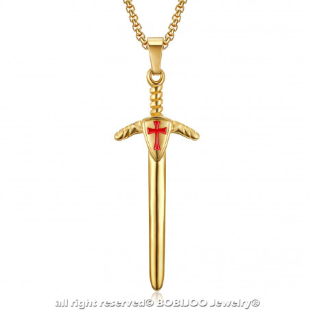Pendentif Templier Epée Croix Rouge Acier Or + Chaîne bobijoo