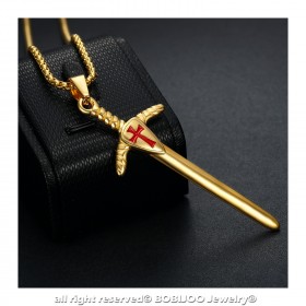 PE0228 BOBIJOO Jewelry Anhänger Templer-Schwert, Rotes Kreuz, Stahl-Gold + Kette