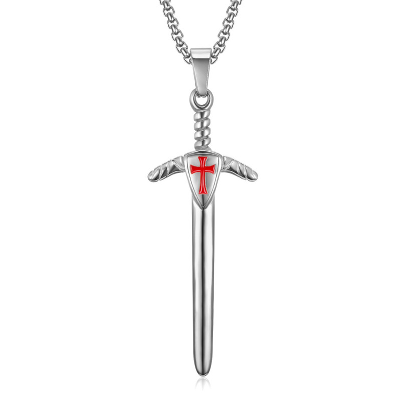 Pendentif Templier Epée Croix Rouge Argent + Chaîne bobijoo