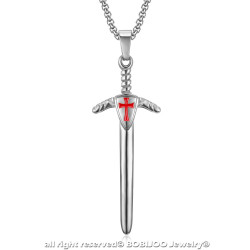 PE0229 BOBIJOO Jewelry Anhänger Templer-Schwert Kreuz Rot Silber + Kette