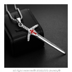 PE0229 BOBIJOO Jewelry Anhänger Templer-Schwert Kreuz Rot Silber + Kette