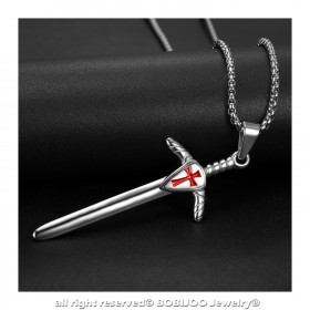PE0229 BOBIJOO Jewelry Ciondolo Spada Dei Templari Croce Rossa Argento + Catena