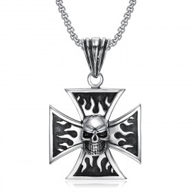 PE0240 BOBIJOO Jewelry Anhänger Biker Kreuz Templer-Schädel totenkopf Flammen