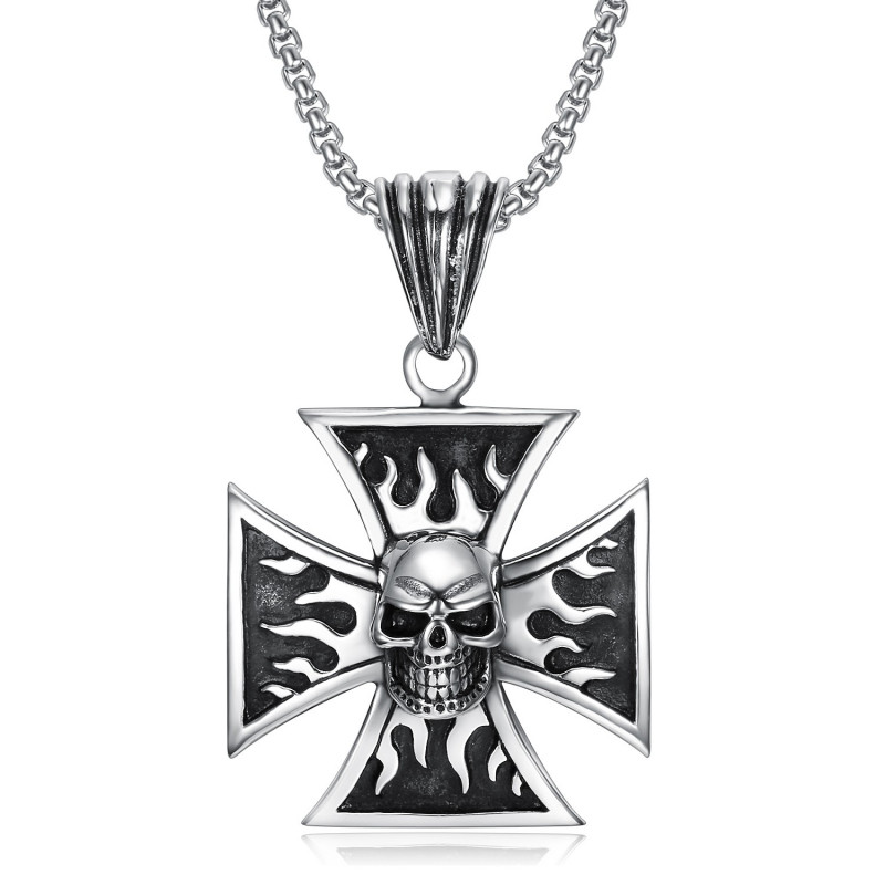 PE0240 BOBIJOO Jewelry Anhänger Biker Kreuz Templer-Schädel totenkopf Flammen