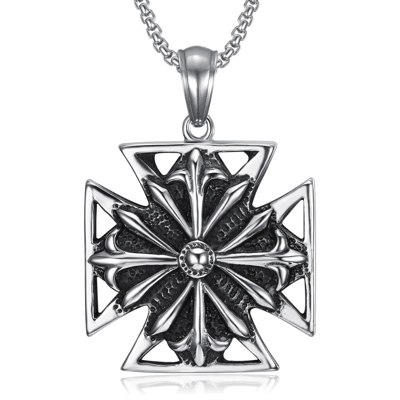 PE0167 BOBIJOO Jewelry Imposanter Anhänger Templer Kreuz Pattée Stahl Gealtert + Kette