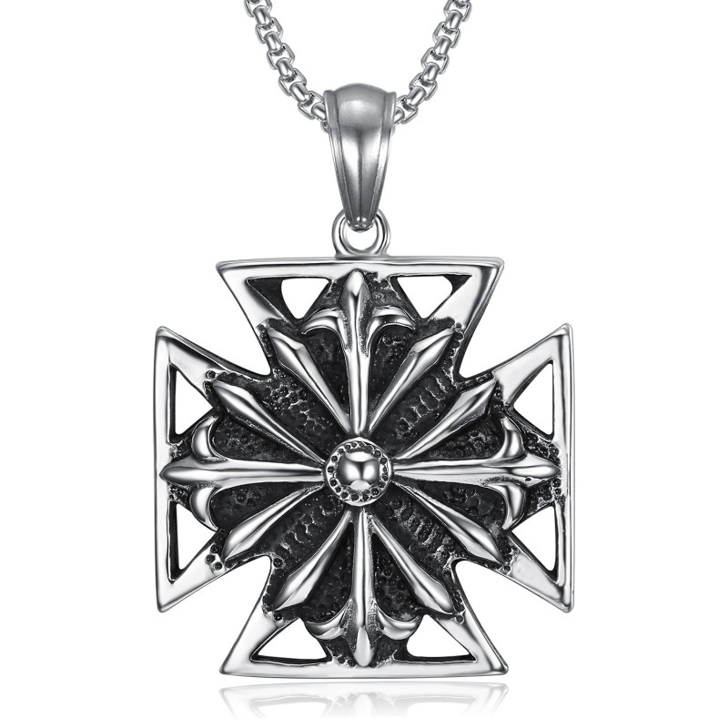 PE0167 BOBIJOO Jewelry Imposing Pendant Knight Templar Cross Pattée Steel Aged + String