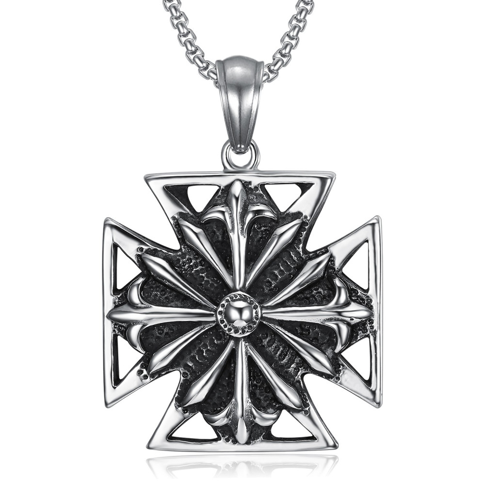 Imposant Pendentif Templier Croix Pattée Acier Vieilli + Chaîne bobijoo