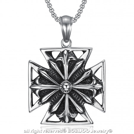 Imposant Pendentif Templier Croix Pattée Acier Vieilli + Chaîne bobijoo
