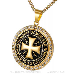 PE0164 BOBIJOO Jewelry Pendant Templar Steel Gold Rhinestone Cross Non Nobis + String