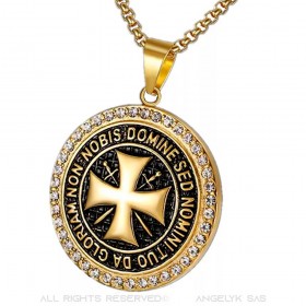 PE0164 BOBIJOO Jewelry Pendant Templar Steel Gold Rhinestone Cross Non Nobis + String