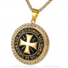 PE0164 BOBIJOO Jewelry Pendant Templar Steel Gold Rhinestone Cross Non Nobis + String