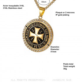 PE0164 BOBIJOO Jewelry Pendant Templar Steel Gold Rhinestone Cross Non Nobis + String