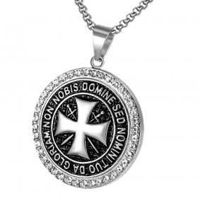 Pendentif Templier Acier Argent Strass Croix Non Nobis + Chaîne bobijoo