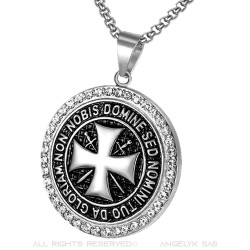 Pendentif Templier Acier Argent Strass Croix Non Nobis + Chaîne bobijoo