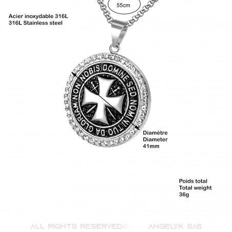 PE0164S BOBIJOO Jewelry Pendant Templar Steel Silver Rhinestone Cross Non Nobis + String