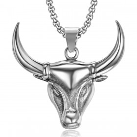 PE0165 BOBIJOO Jewelry Colgante Cabeza de un Toro de Acero, de Plata Camargue + Cadena