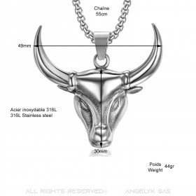 PE0165 BOBIJOO Jewelry Ciondolo Testa di un Toro in Acciaio, Argento Camargue + String