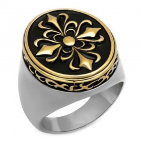 Bague Chevalière Fleur de Lys Templier Acier Or bobijoo