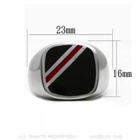 Bague Cabochon Email Noir Liseré Rouge Acier Inoxydable bobijoo