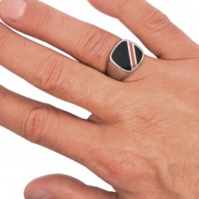 Bague Cabochon Email Noir Liseré Rouge Acier Inoxydable bobijoo