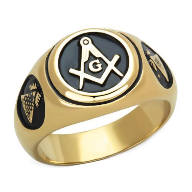 Ring Signet Ring Round Freemason Gilded Gold Finish Black