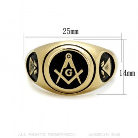 Ring Signet Ring Round Freemason Gilded Gold Finish Black