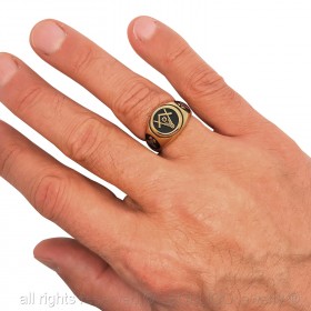 Ring Signet Ring Round Freemason Gilded Gold Finish Black