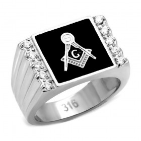 Bague Homme Franc-Maçon Acier Argenté Email Noir Diamants bobijoo