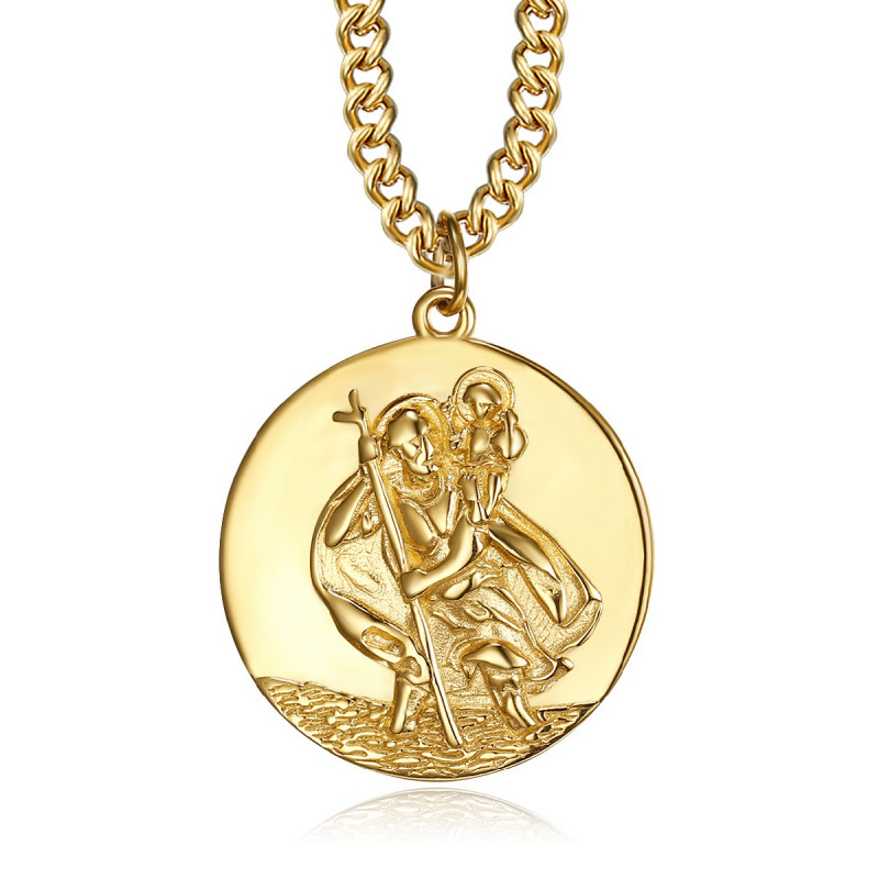 PE0258 BOBIJOO Jewelry Pendant Necklace, Saint Christopher Traveller Steel Gold 25mm